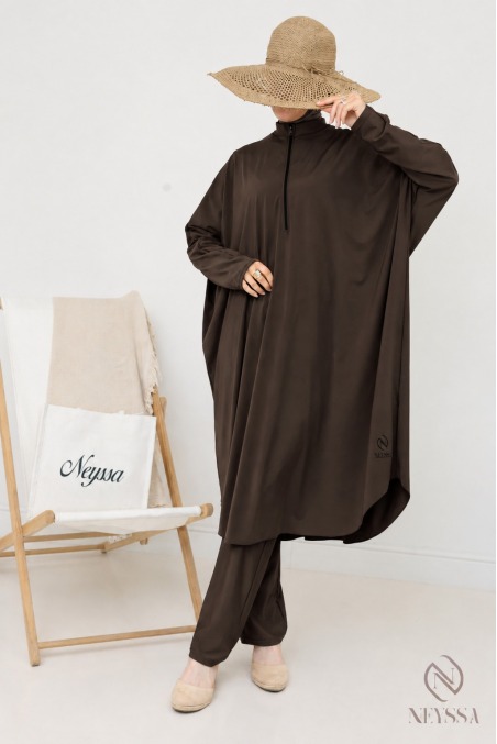 Burkini Tunika weit geschnitten mit integrierter Kapuze taupe