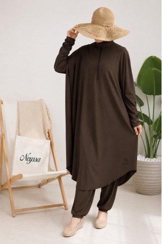 Loose-fitting tunic burkini with integrated bonnet taupe