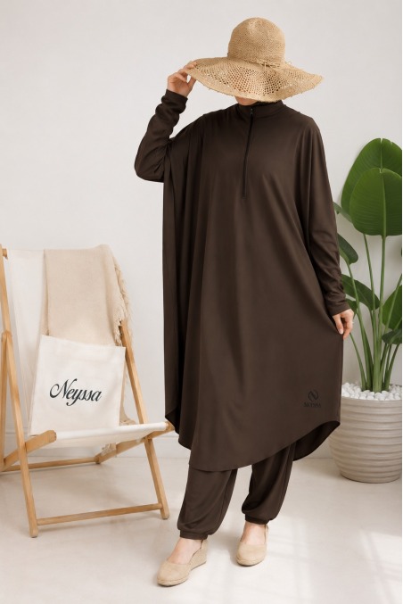 Burkini Tunika weit geschnitten mit integrierter Kapuze taupe