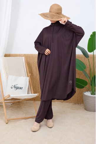 Burkini tunique ample avec cagoule intégrée taupe, tissu hydrofuge