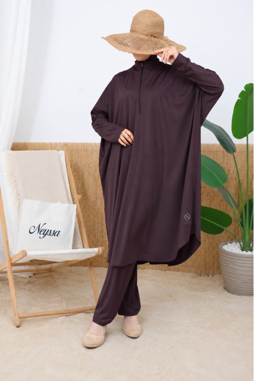 Loose-fitting tunic burkini with integrated bonnet taupe
