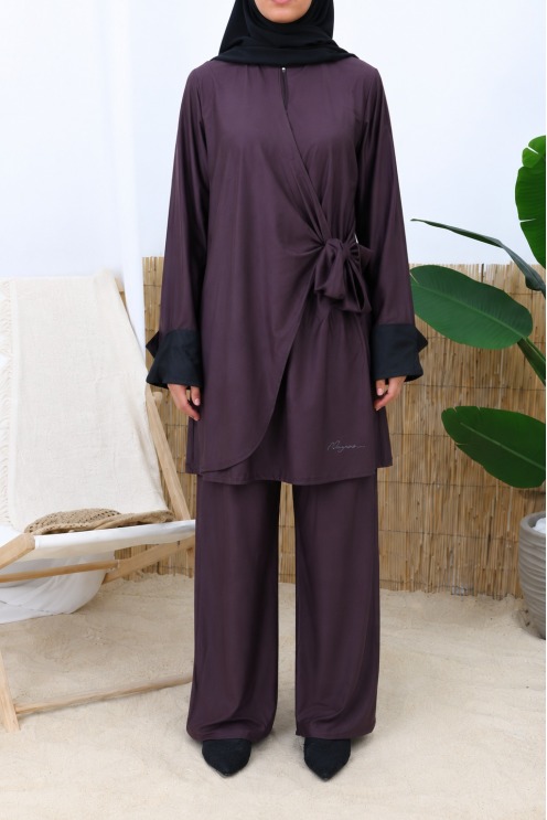 Burkini 3 pièces long avec tunique à nouer chocolat intense