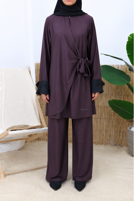 3-Piece Long Burkini with Tie-Front Tunic in Rich Chocolate