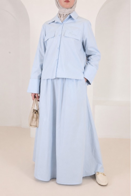 Women's Baby Blue Oversized Skirt and Blouse Set