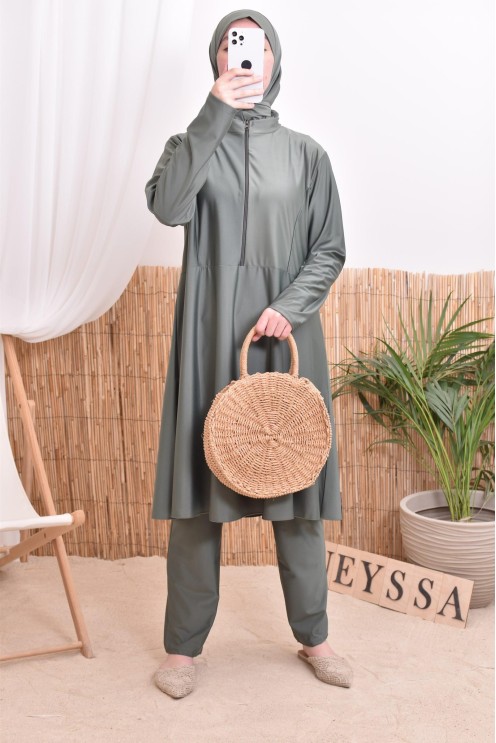 Burkini-Set aus langer Tunika mit Reißverschluss, Hose und Kapuze, schnelltrocknend