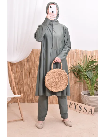 Burkini set, long tunic with zip, pants and hood, quick-drying
