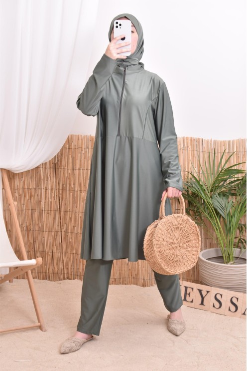 Burkini set, long tunic with zip, pants and hood, quick-drying