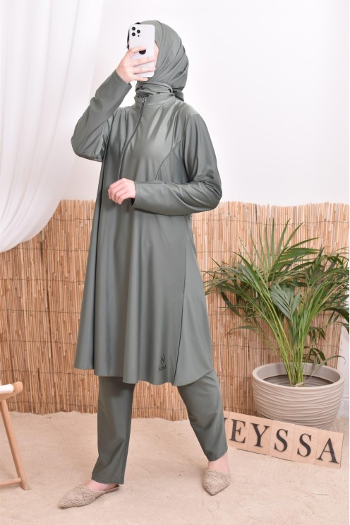 Burkini set, long tunic with zip, pants and hood, quick-drying