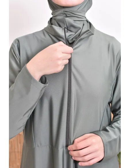 Burkini-Set aus langer Tunika mit Reißverschluss, Hose und Kapuze, schnelltrocknend