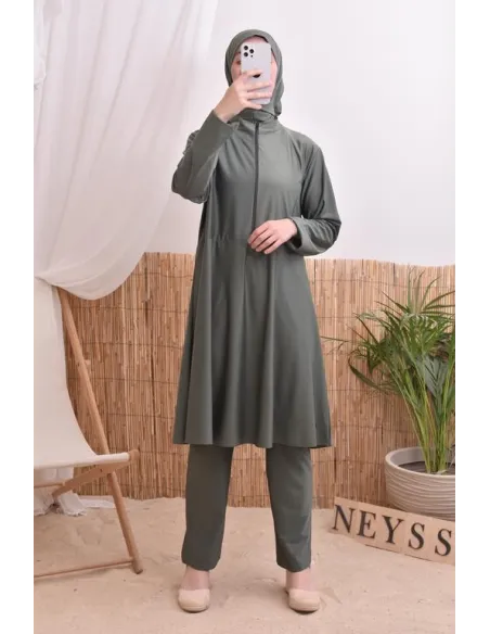 Ensemble burkini tunique longue zippée, pantalon et cagoule, séchage rapide