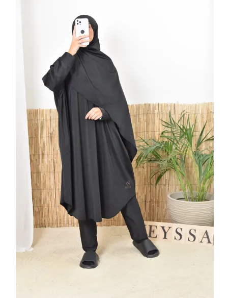 Burkini de bain noir coupe papillon extra ample, sechage rapide