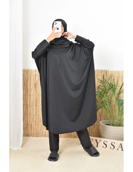 Burkini de bain noir coupe papillon extra ample, sechage rapide