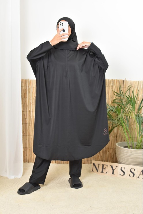 Burkini de bain noir coupe papillon extra ample, sechage rapide