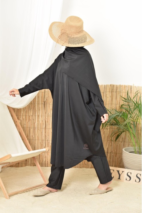 Burkini de bain noir coupe papillon extra ample, sechage rapide