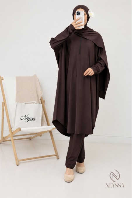 Burkini de bain noir coupe papillon extra ample, sechage rapide