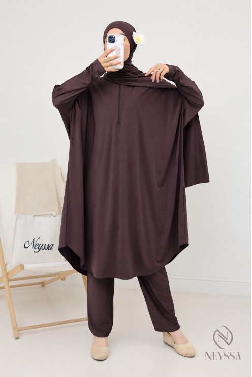 Burkini de bain noir coupe papillon extra ample, sechage rapide