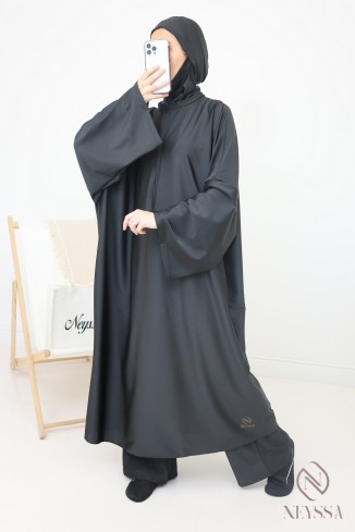 Burkini de bain noir tunique extra longue femme, avec cagoule
