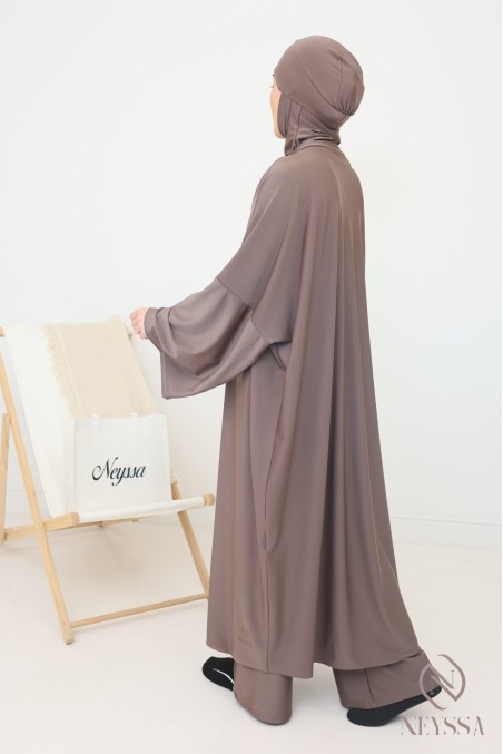 Women's loose-fitting dark taupe burkini, 3 pieces, swimsuit fabric