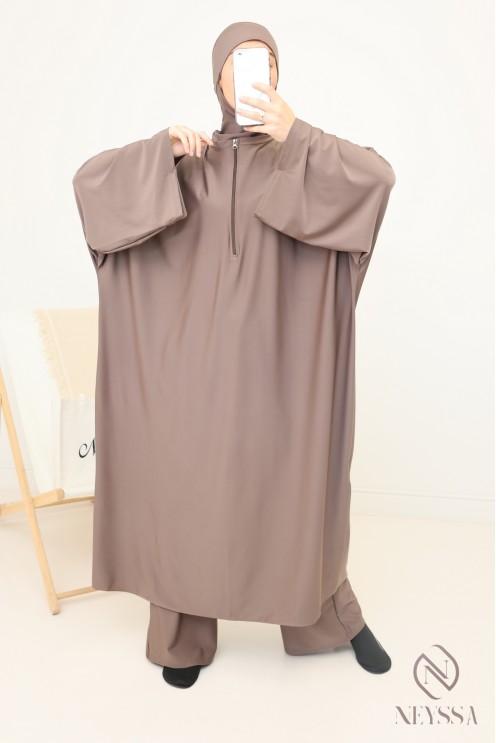 Women's loose-fitting dark taupe burkini, 3 pieces, swimsuit fabric