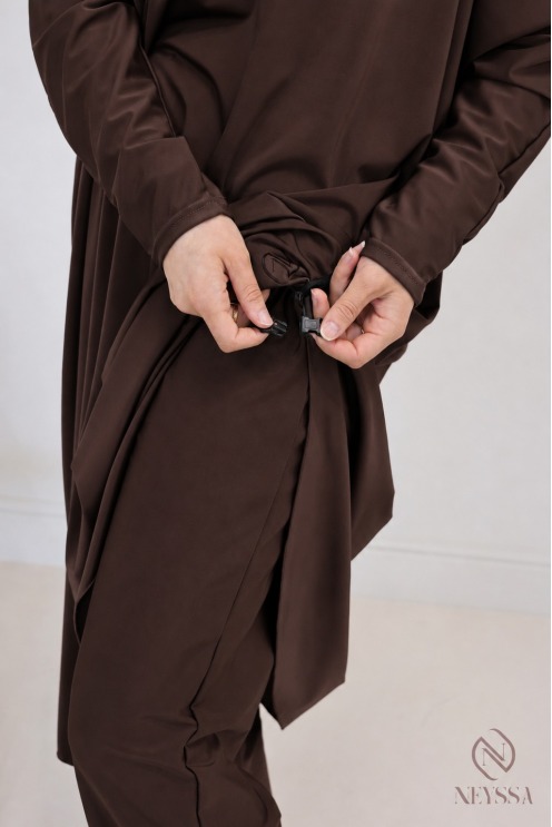 Burkini de bain chocolat tunique extra longue + palazzo + cagoule