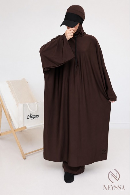 Burkini de bain chocolat tunique extra longue + palazzo + cagoule