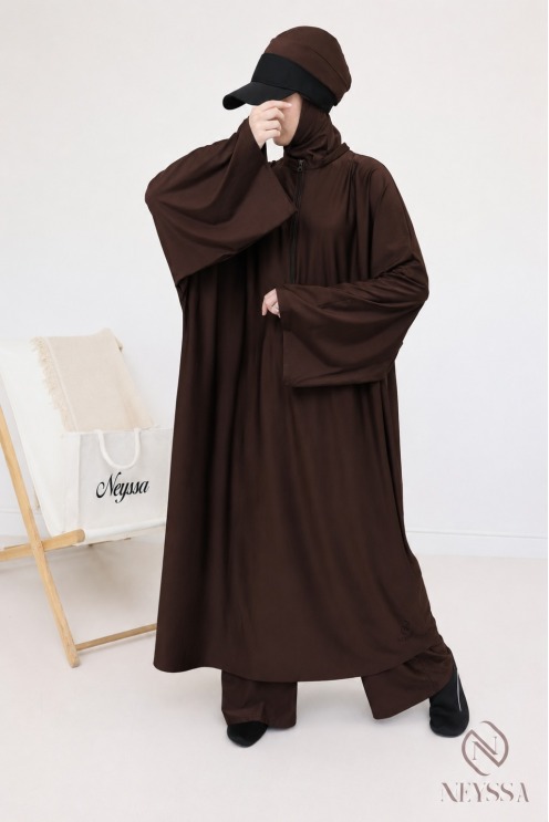 Extra-Long Chocolate-Colored Tunic Burkini + Palazzo Pants + Hood