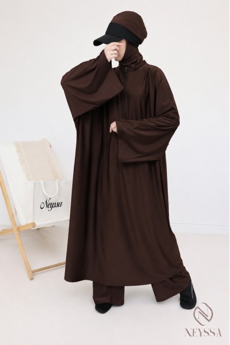 Burkini de bain chocolat tunique extra longue + palazzo + cagoule