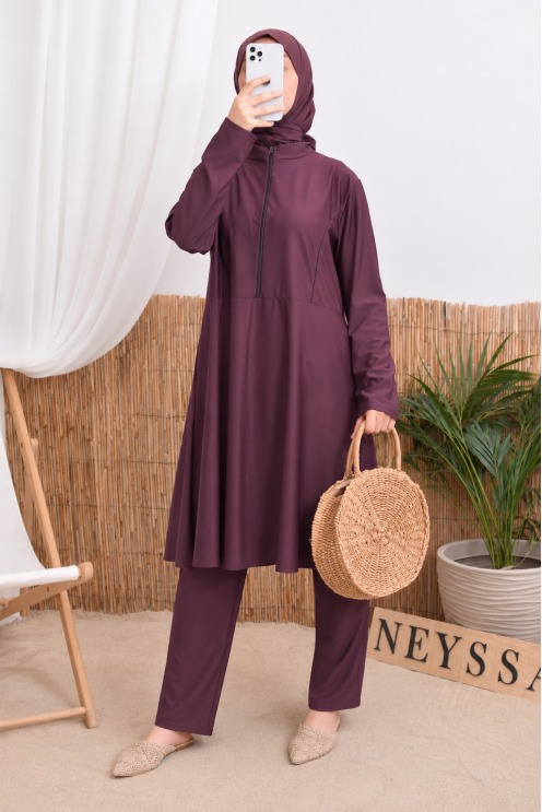 Modern fig-print burkini tunic with zipper, water-repellent fabric