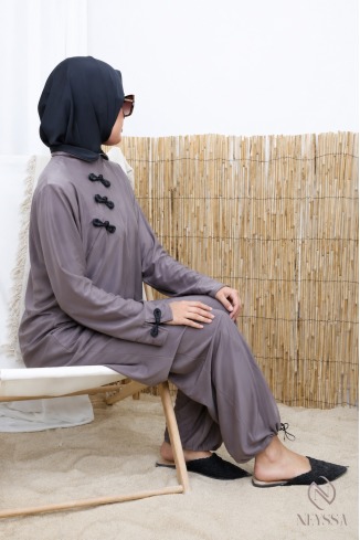 Burkini tissu hydrofuge style kimono japonais taupe 2
