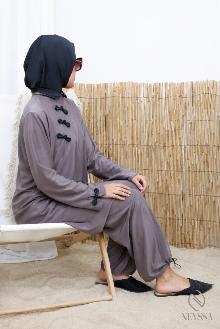 Burkini tissu hydrofuge style kimono japonais taupe