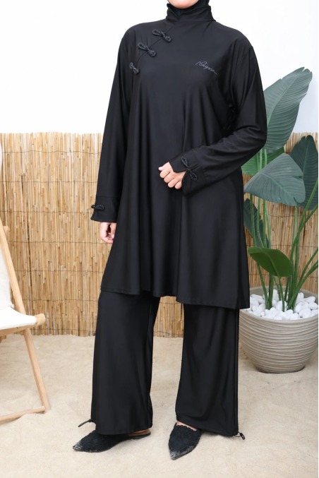Burkini style japonais noir Neyssa, tissu hydrofuge séchage rapide
