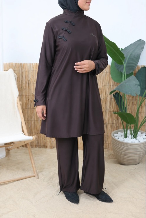 Chocolate-colored Japanese kimono-style burkini, quick-drying