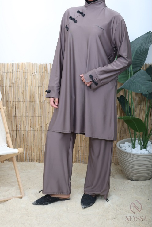 Wasserabweisender Burkini im japanischen Kimono-Stil, taupe