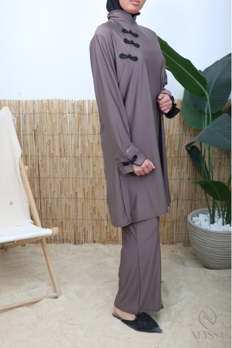 Wasserabweisender Burkini im japanischen Kimono-Stil, taupe