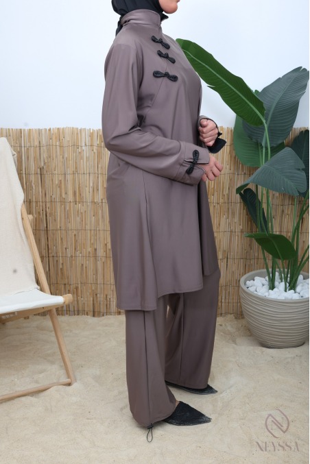 Wasserabweisender Burkini im japanischen Kimono-Stil, taupe