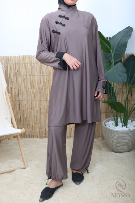 Wasserabweisender Burkini im japanischen Kimono-Stil, taupe