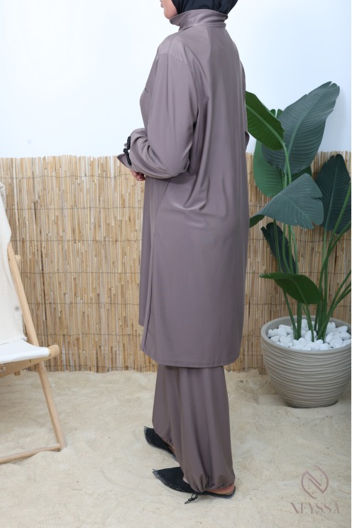 Burkini tissu hydrofuge style kimono japonais taupe