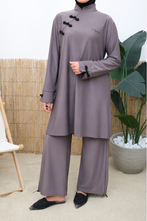 Burkini tissu hydrofuge style kimono japonais taupe