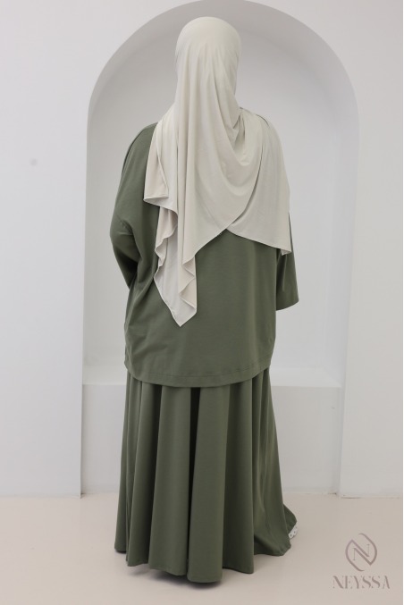 Khaki Cotton-Blend Long Skirt and Oversized Top Set