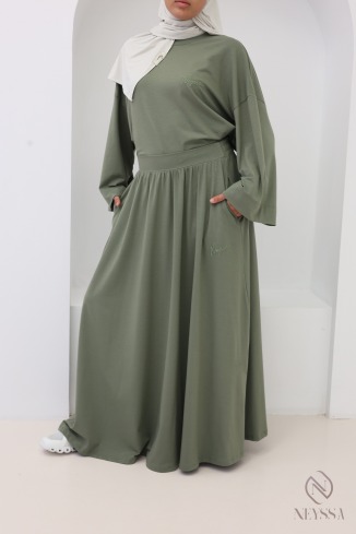 Ensemble jupe longue + haut oversize coton mélangé kaki 2