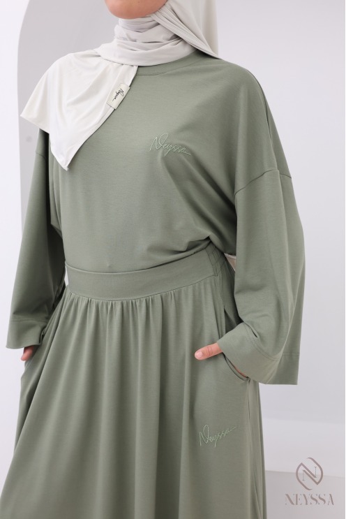 Khaki Cotton-Blend Long Skirt and Oversized Top Set