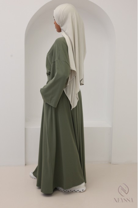 Khaki Cotton-Blend Long Skirt and Oversized Top Set