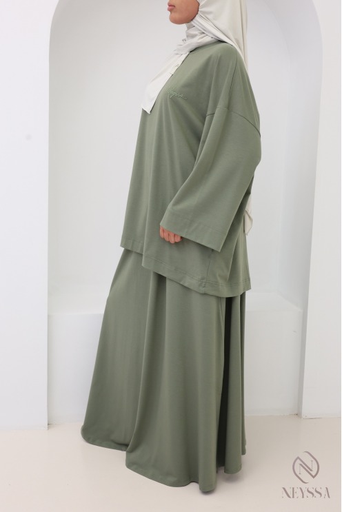Ensemble jupe longue + haut oversize coton mélangé kaki
