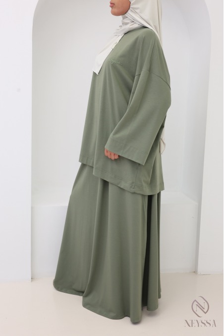 Khaki Cotton-Blend Long Skirt and Oversized Top Set