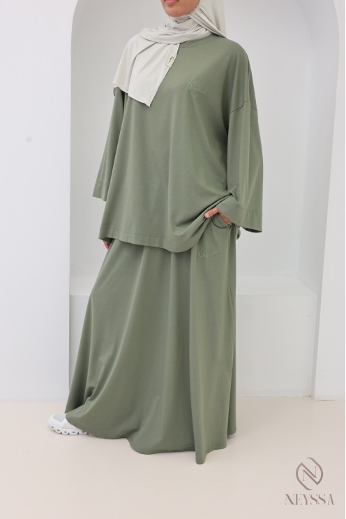 Khaki Cotton-Blend Long Skirt and Oversized Top Set