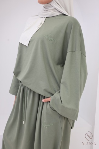 Bequemes Set in Khaki mit Haremshose und praktischen Taschen 2