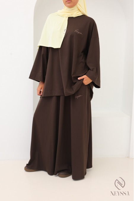 Neyssa Women's Brown Long Skirt and Loose-Fit Top Set