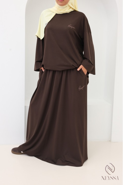 Neyssa Women's Brown Long Skirt and Loose-Fit Top Set