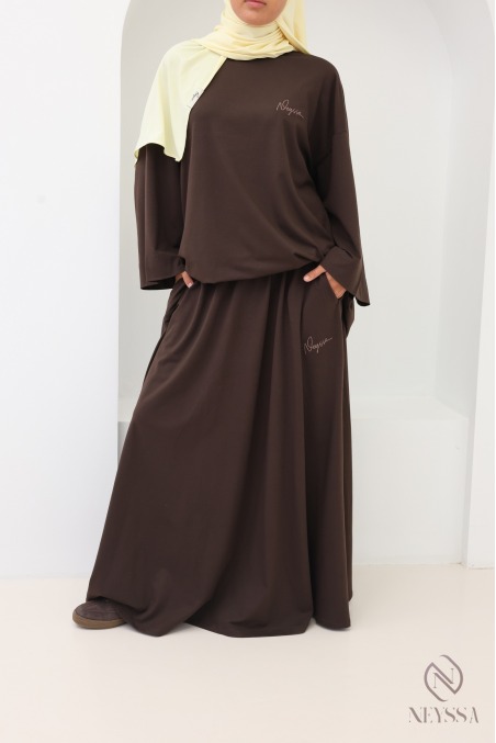 Neyssa Women's Brown Long Skirt and Loose-Fit Top Set