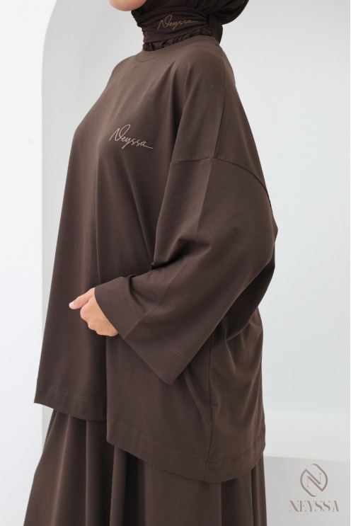 Neyssa Women's Brown Long Skirt and Loose-Fit Top Set